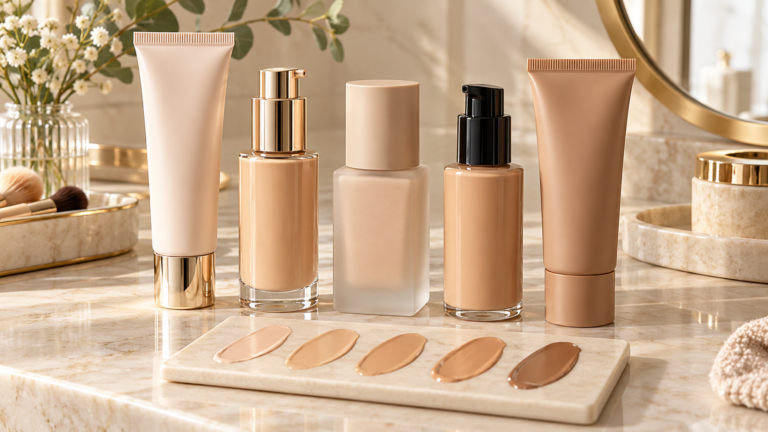 Five unbranded beauty product formats arranged for Nykaa vs Lakme foundation comparison