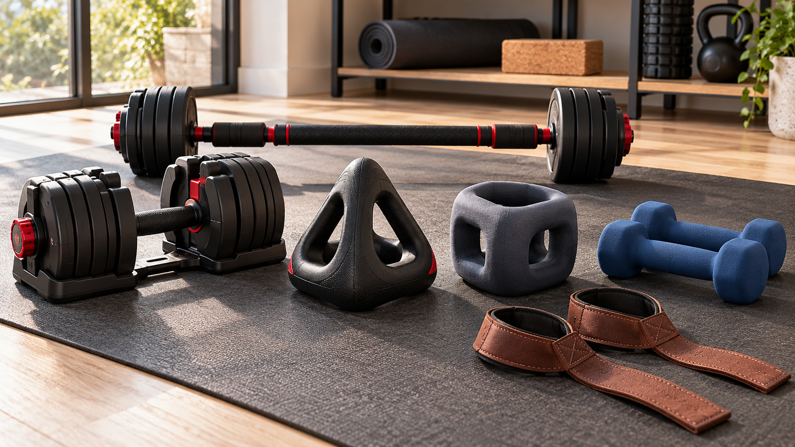 Five unbranded fitness product formats arranged for Cult adjustable dumbbell vs Y Bell