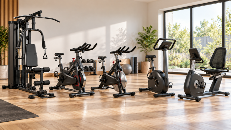 Five unbranded fitness product formats arranged for home gym vs spin bike India