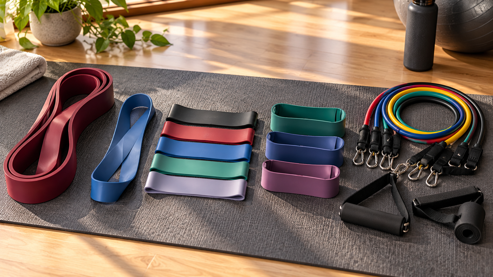 Five unbranded fitness product formats arranged for Fashnex vs Slovic resistance bands India