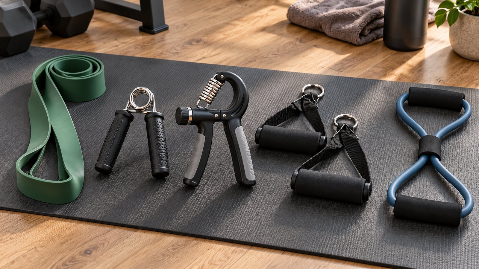 Five unbranded fitness product formats arranged for resistance tube vs hand grip trainer