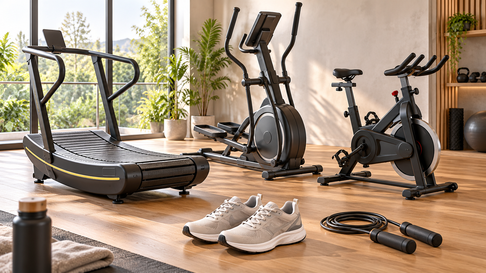 Five unbranded fitness product formats arranged for curve treadmill vs elliptical for home