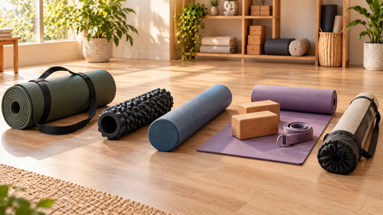 Five unbranded fitness product formats arranged for yoga starter kit vs foam roller