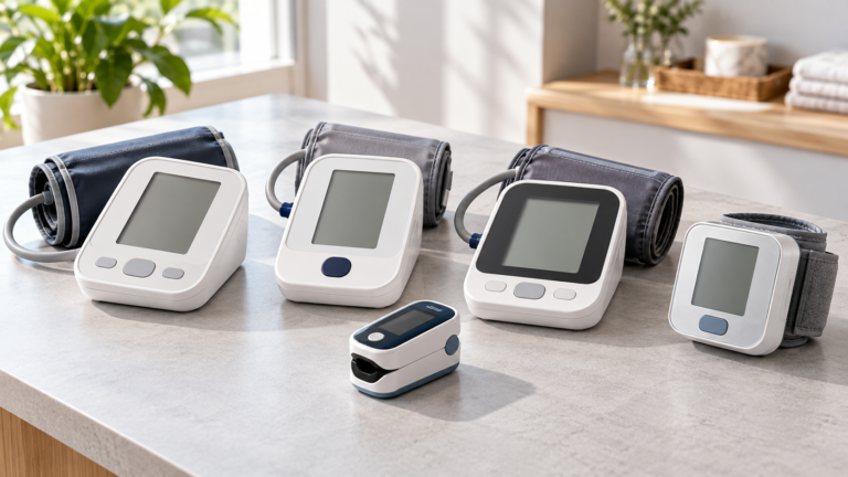 Five unbranded wellness product formats arranged for Omron upper arm vs wrist BP monitor