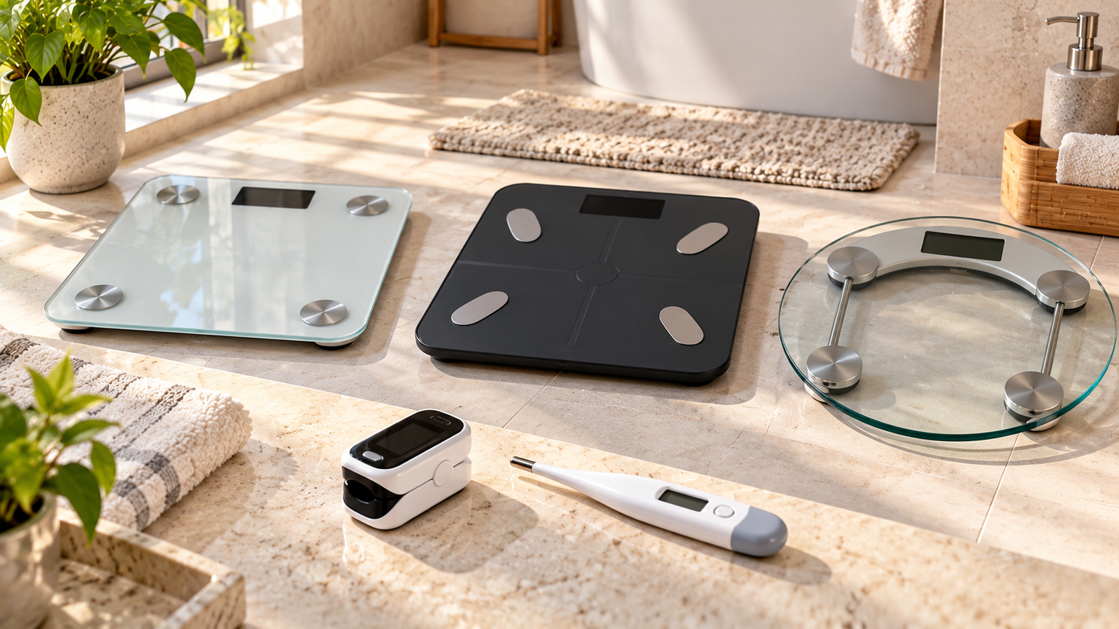 Five unbranded wellness product formats arranged for oximeter vs smart scale thermometer use