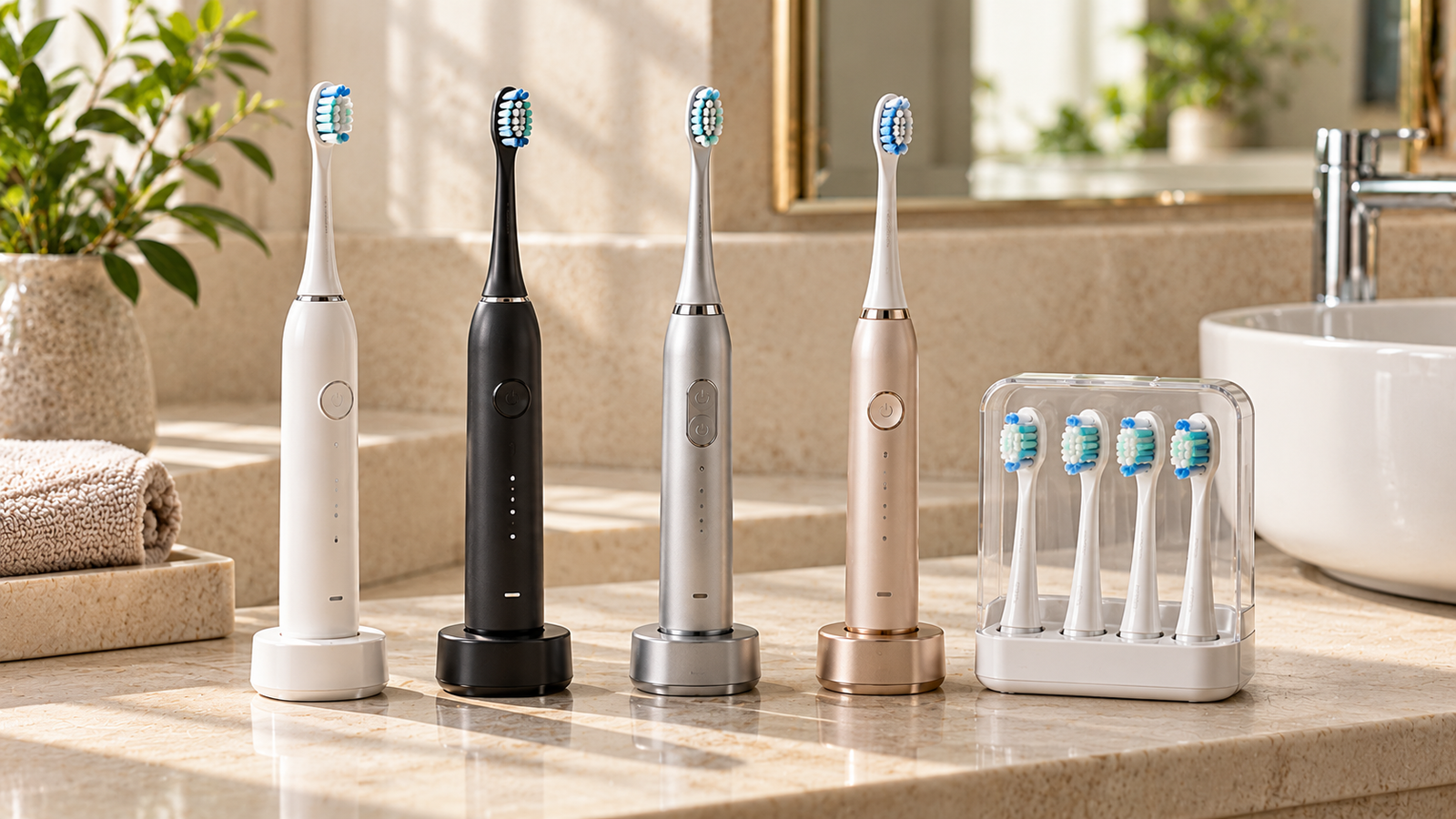 Five unbranded wellness product formats arranged for Philips Sonicare vs Laifen Wave