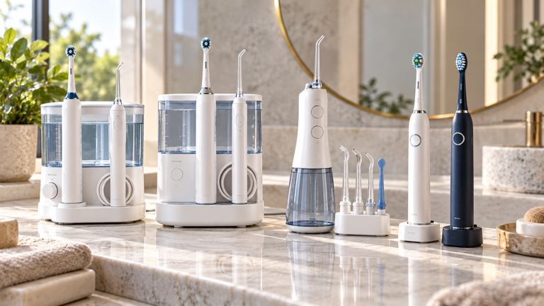 Five unbranded wellness product formats arranged for Waterpik vs Oral B water flosser combo