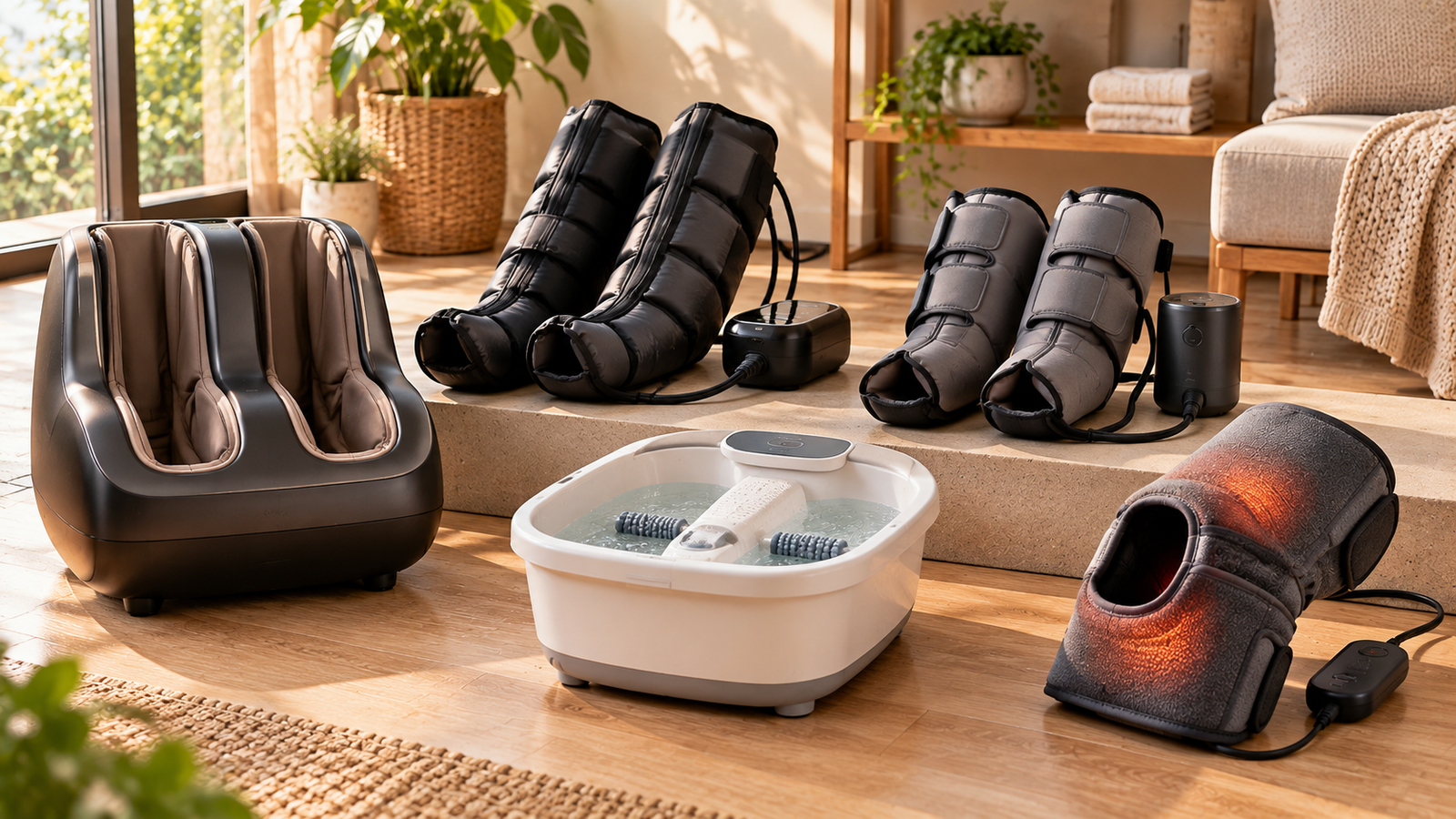 Five unbranded wellness product formats arranged for AGARO foot spa vs massager