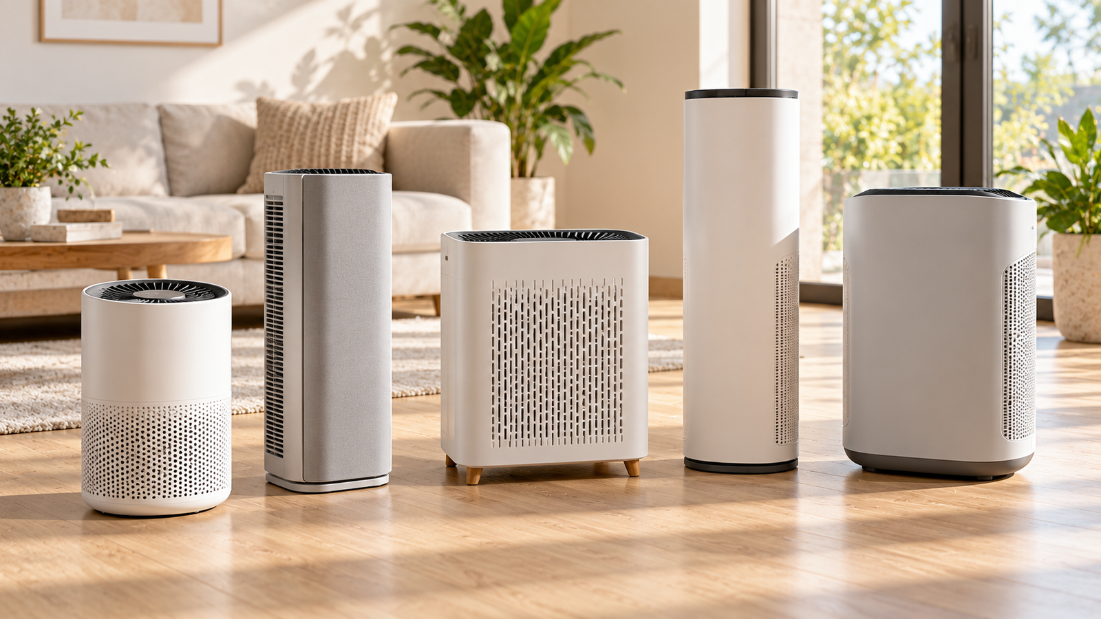 Five unbranded wellness product formats arranged for Coway vs Philips air purifier India