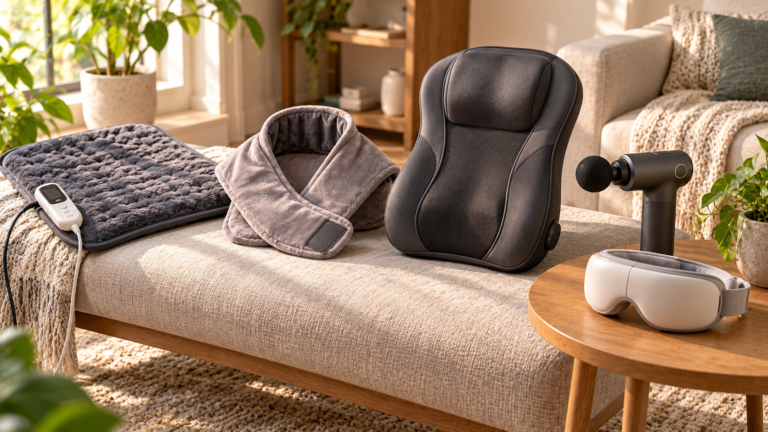Five unbranded wellness product formats arranged for heating pad vs shiatsu massage cushion