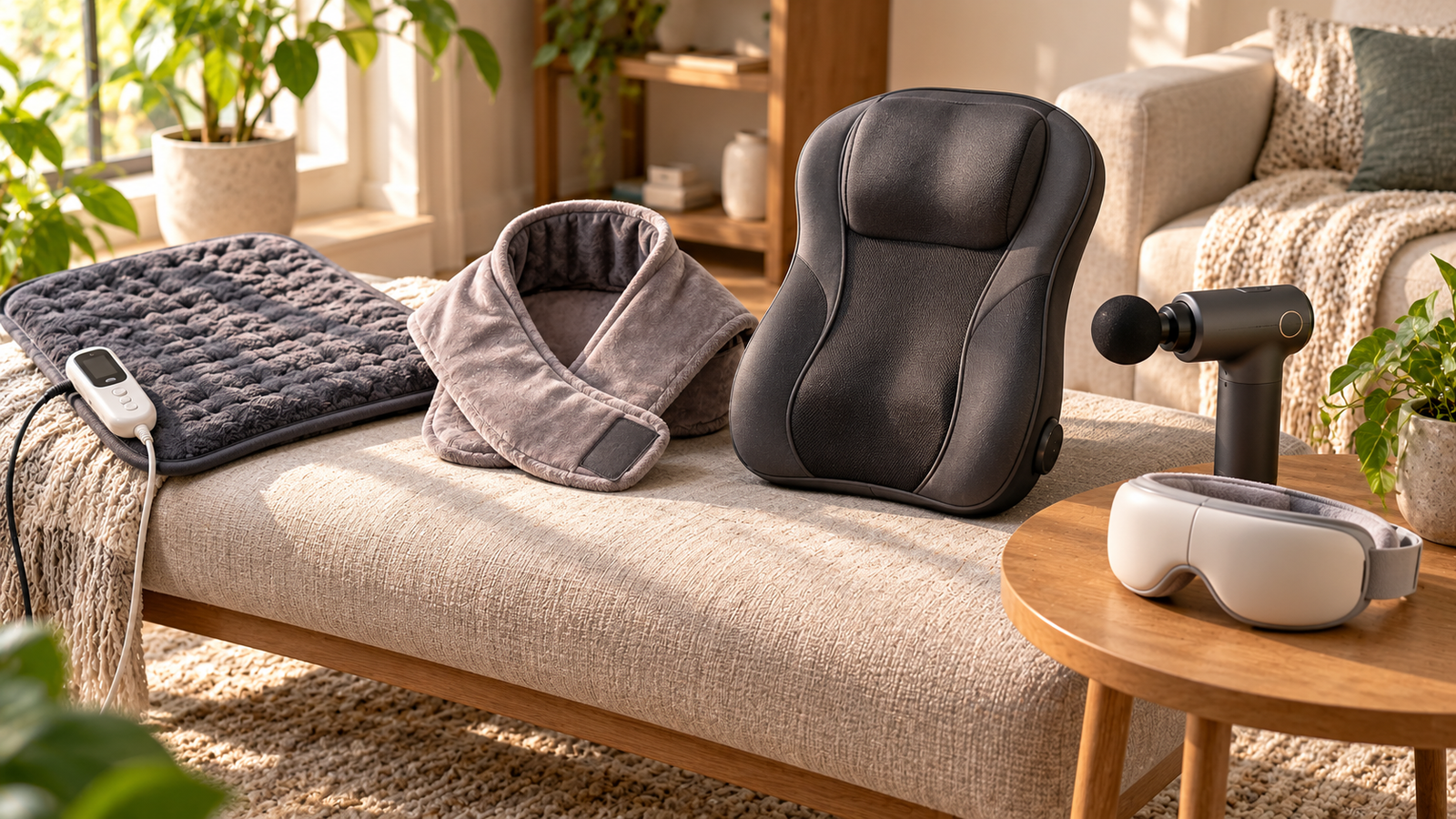 Five unbranded wellness product formats arranged for heating pad vs shiatsu massage cushion