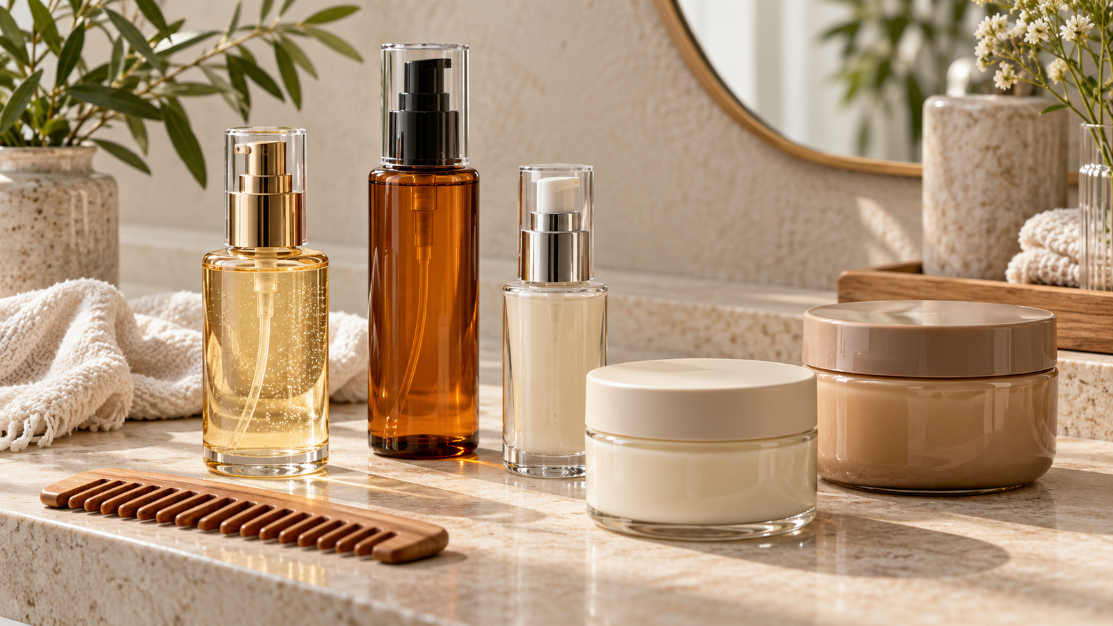 Five unbranded beauty product representations for hair smoothing serum