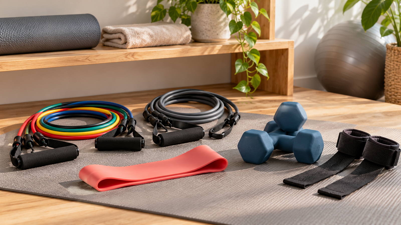Five unbranded fitness product representations for resistance tubes
