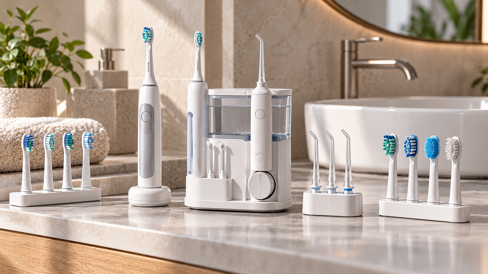 Five unbranded wellness product representations for sonic toothbrush heads