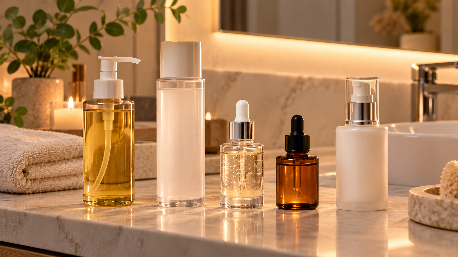 Five unbranded beauty product representations for top 5 evening skincare product formats for cleansing and hydration