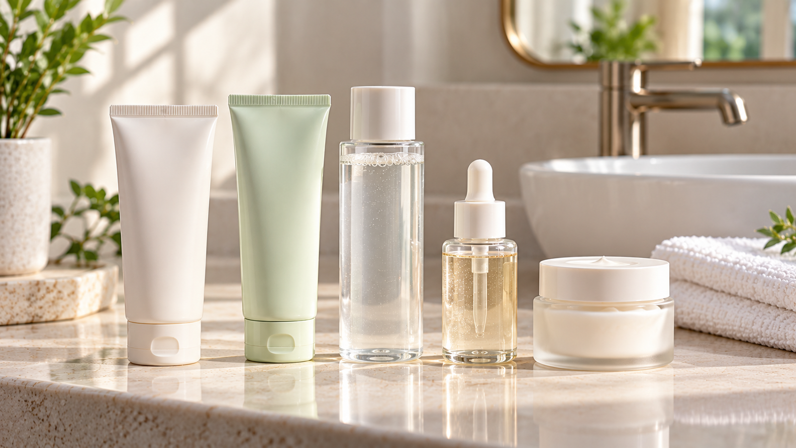Five unbranded beauty product representations for top 5 face-cleansing and soothing-routine choices for minimal routines