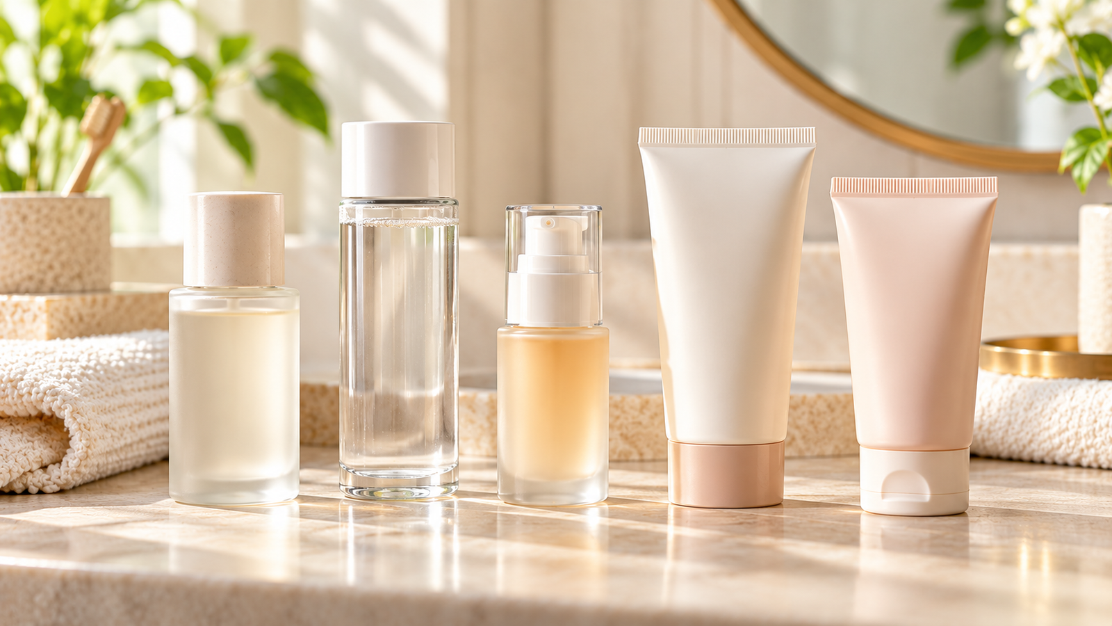 Five unbranded beauty product representations for top 5 korean-inspired skin layers essence, serum and sunscreen