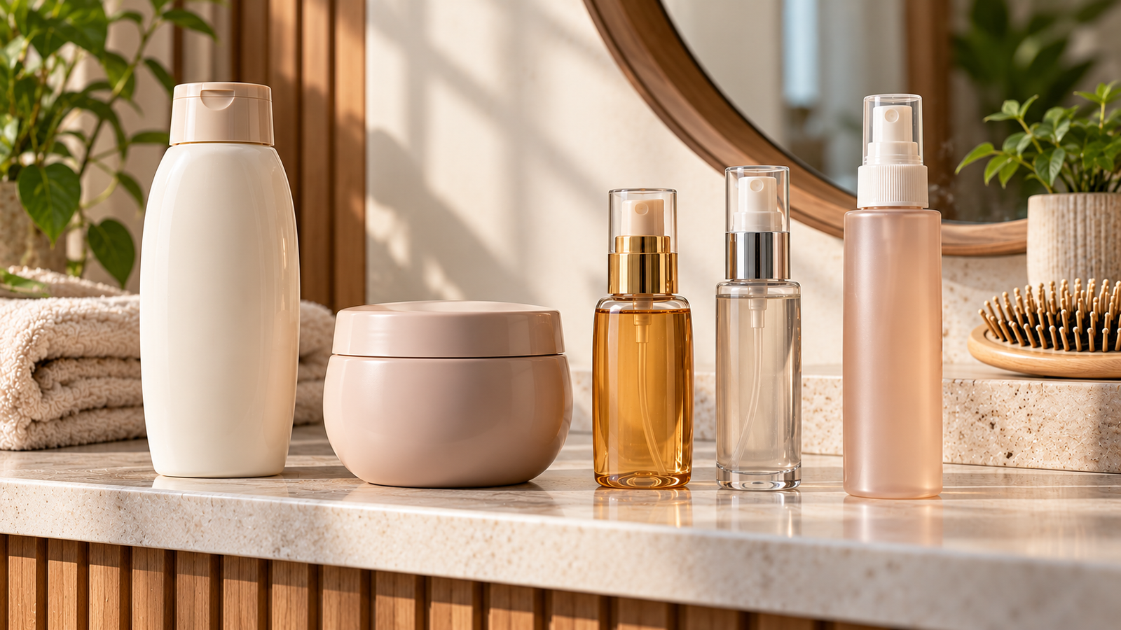 Five unbranded beauty product representations for top 5 haircare purchases for shampoo, mask and heat styling