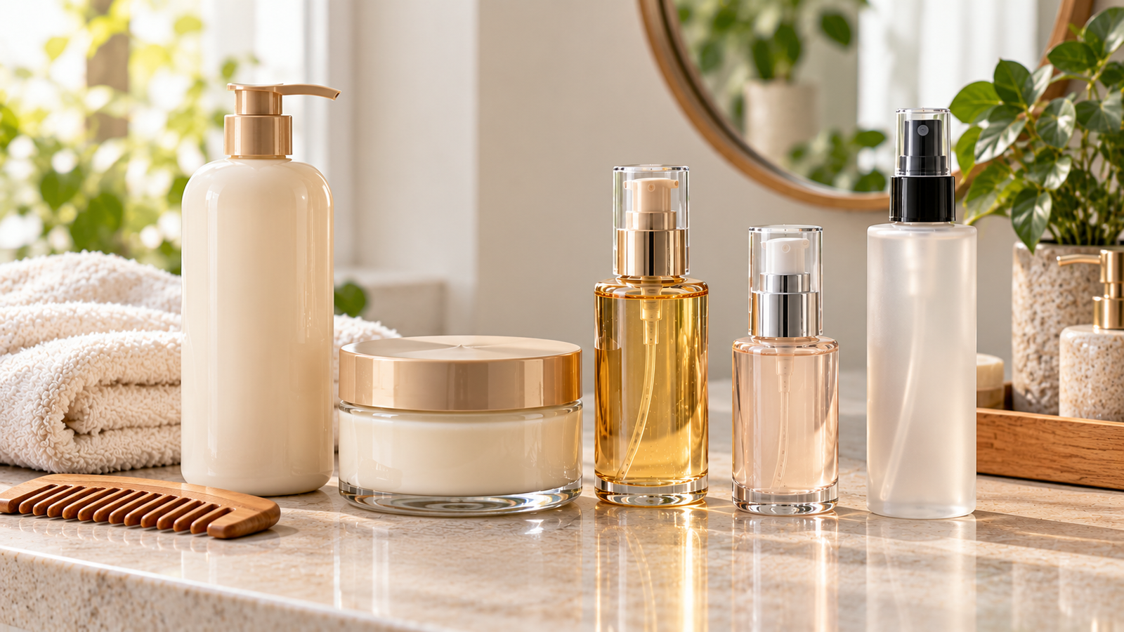 Five unbranded beauty product representations for top 5 hair routine purchases for wash days and smooth finishes