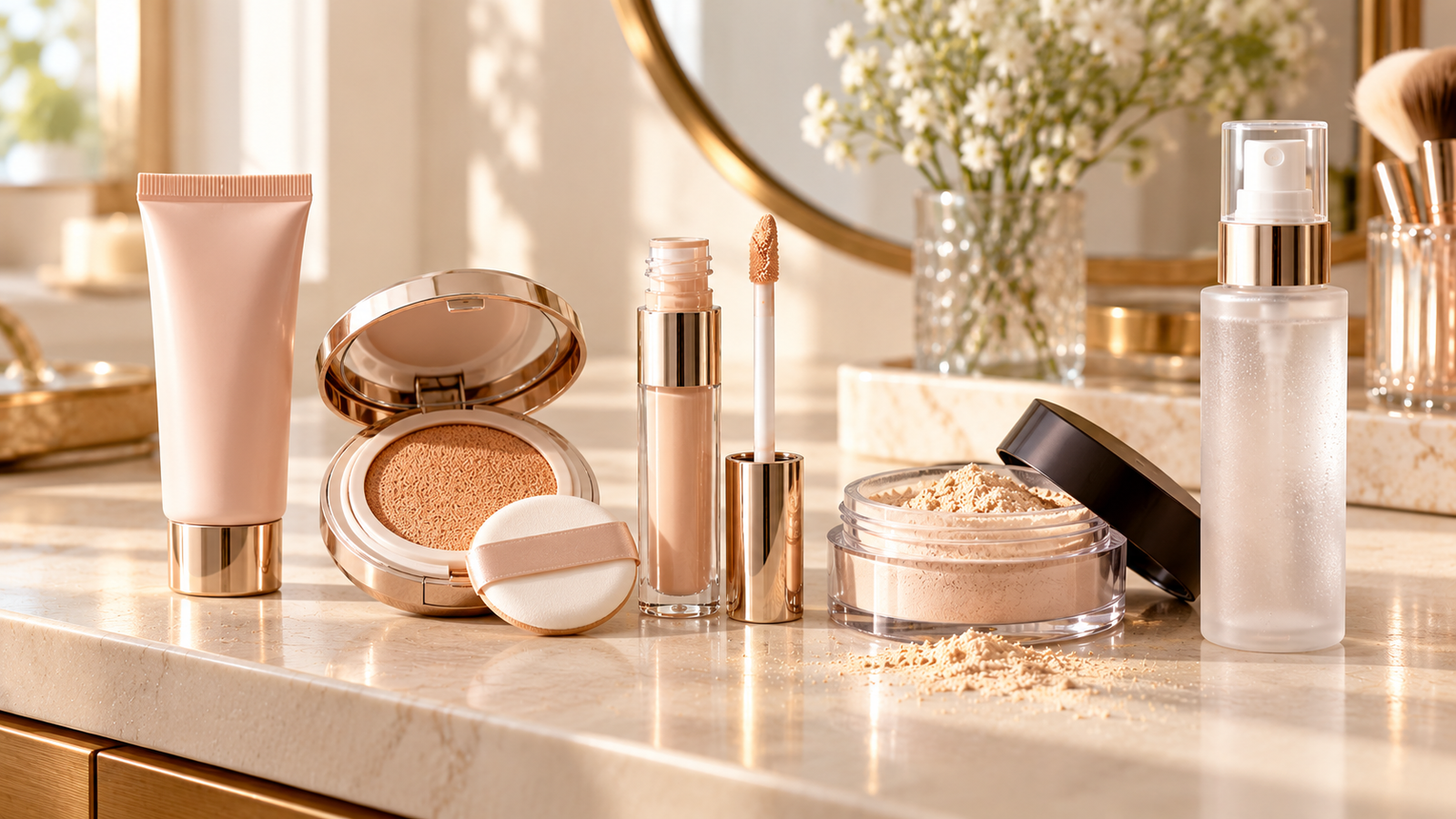 Five unbranded beauty product representations for top 5 makeup steps for a complete everyday base