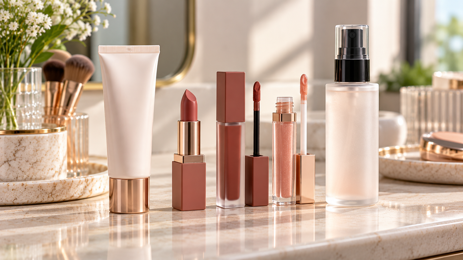 Five unbranded beauty product representations for top 5 lip and makeup finishing products for matte or gloss looks