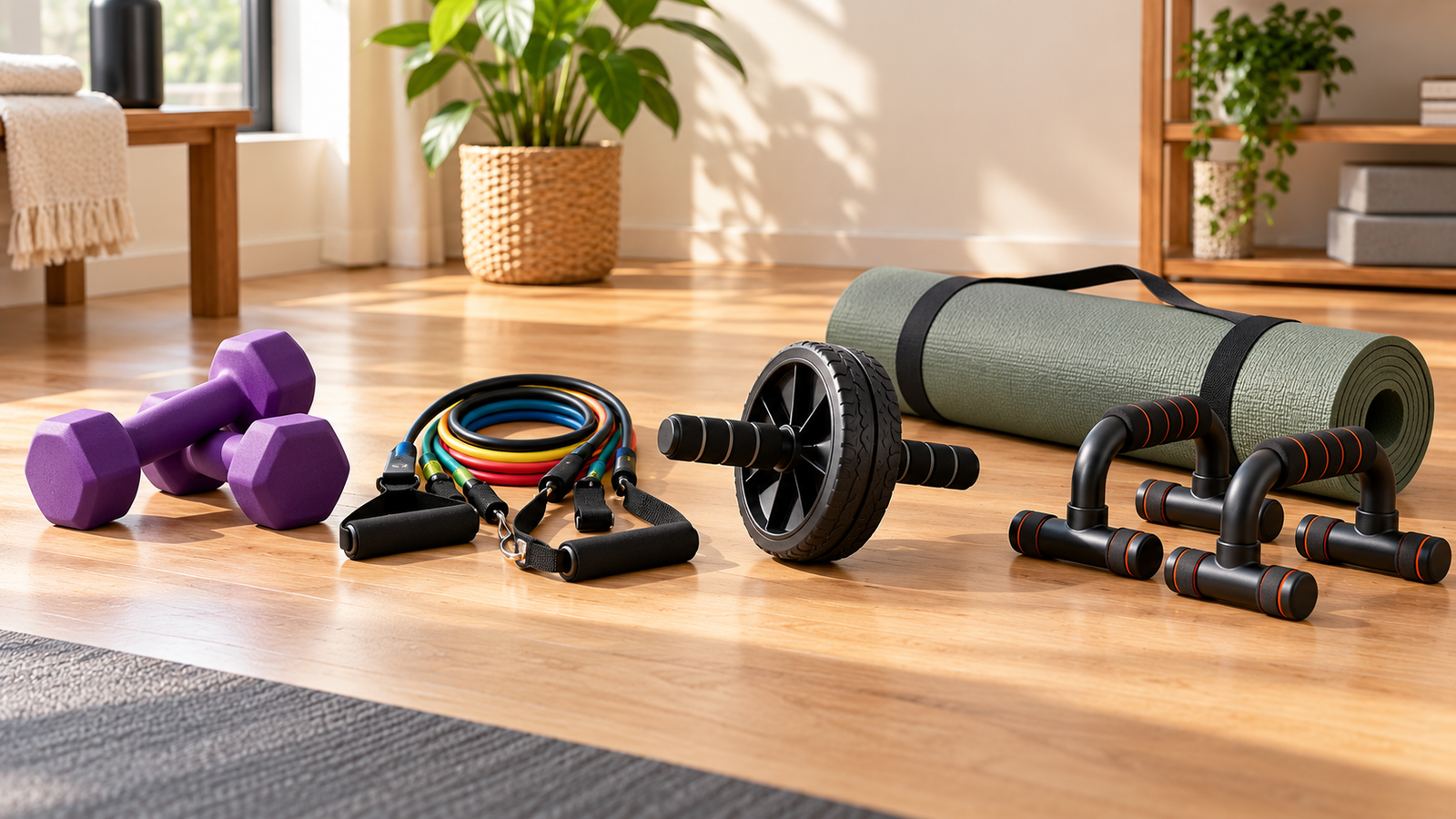 Five unbranded fitness product representations for top 5 minimal home strength workout accessories for small rooms