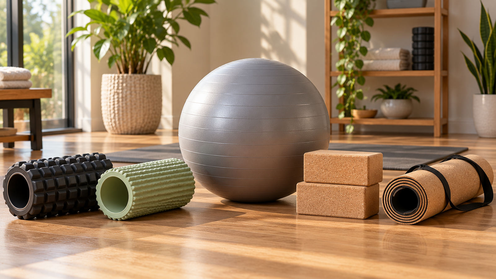 Five unbranded fitness product representations for top 5 mobility, balance and stretching products for home practice