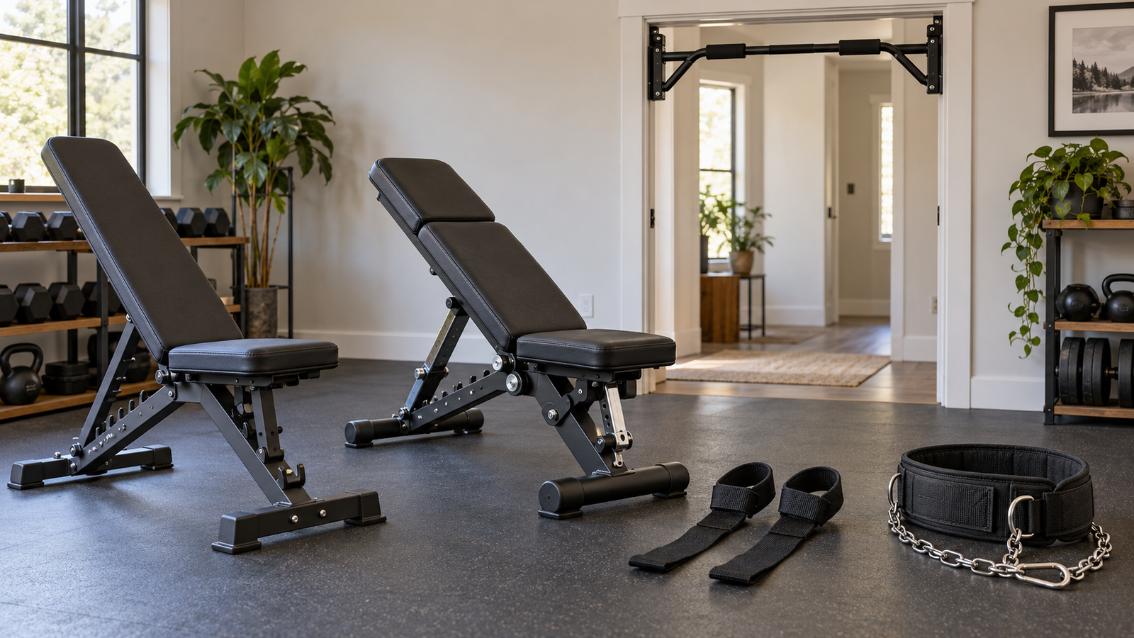 Five unbranded fitness product representations for top 5 home gym bench and strength setup equipment choices
