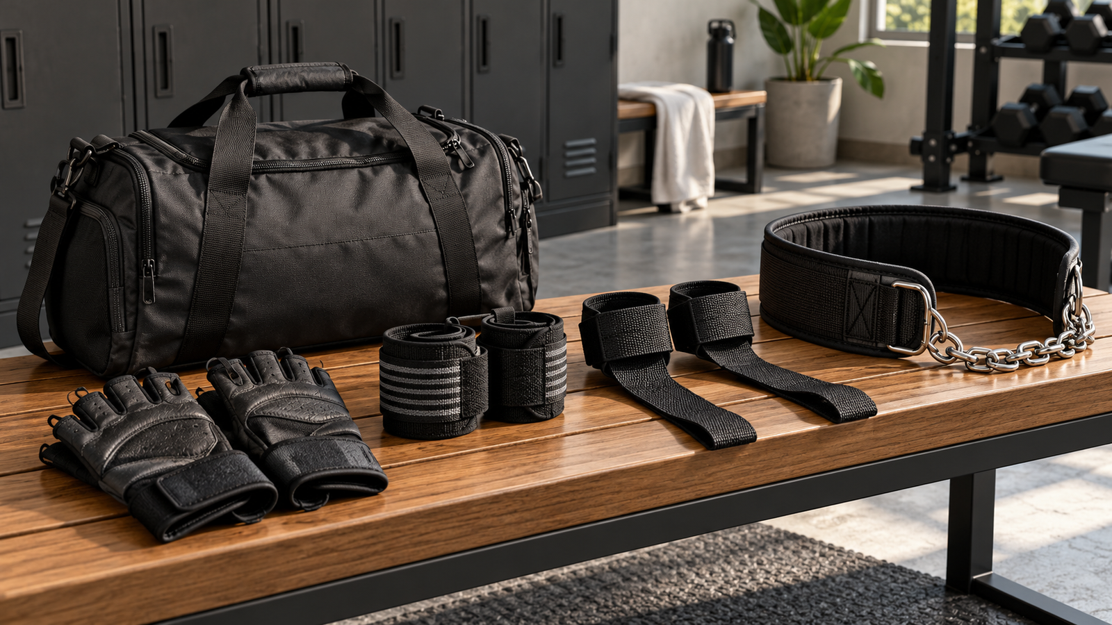 Five unbranded fitness product representations for top 5 gym gloves, supports, dip belt and duffel bag essentials