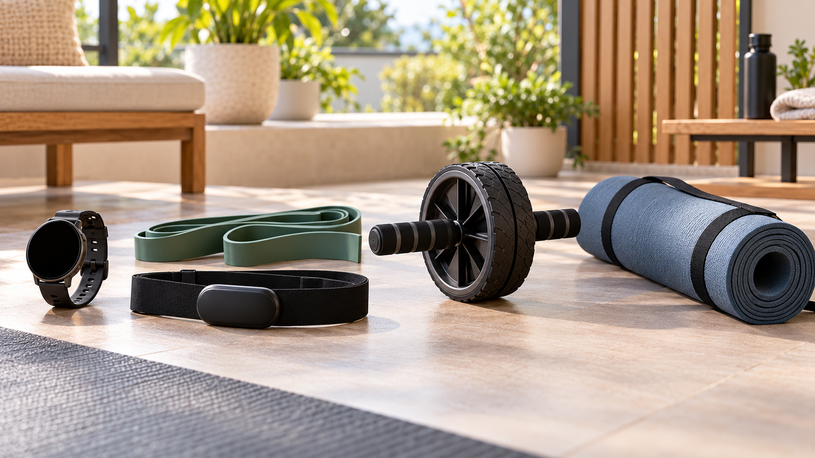 Five unbranded fitness product representations for top 5 outdoor training monitors and compact accessories by session