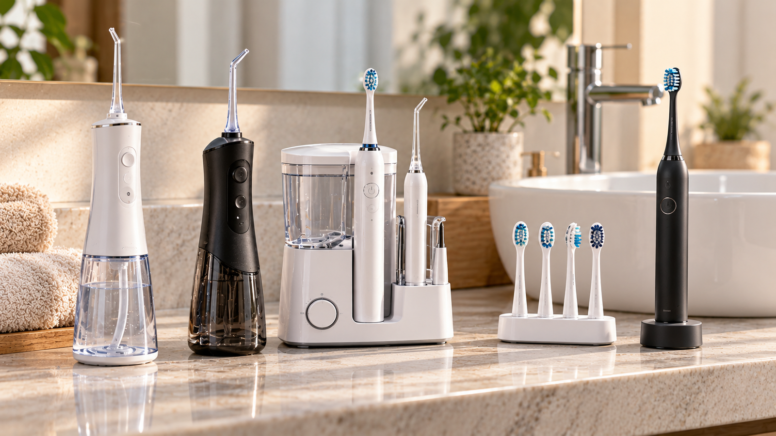 Five unbranded wellness product representations for top 5 space-saving bathroom oral care units and replacement heads