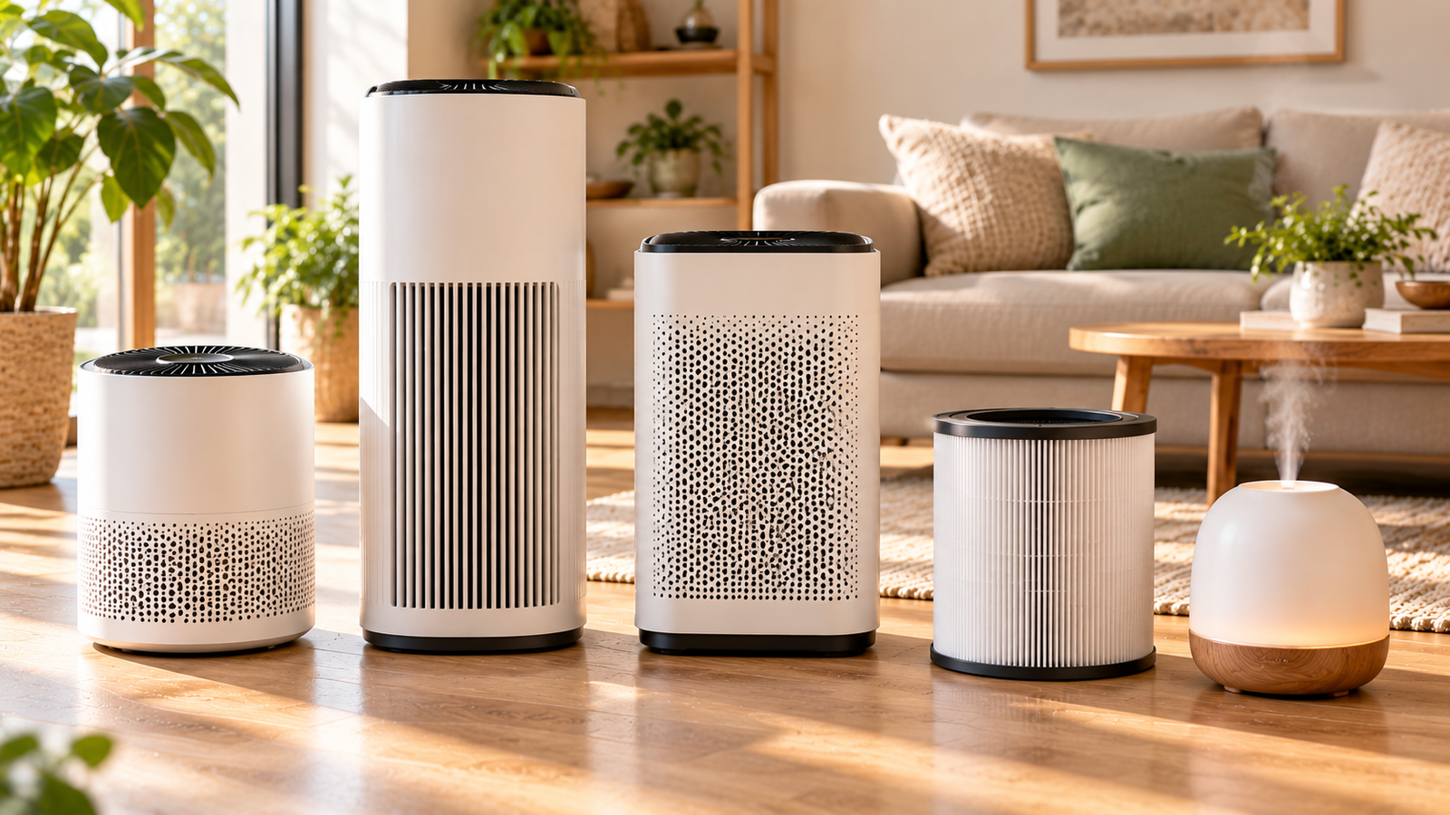Five unbranded wellness product representations for top 5 indoor air purchases purifiers, filters and aroma diffuser