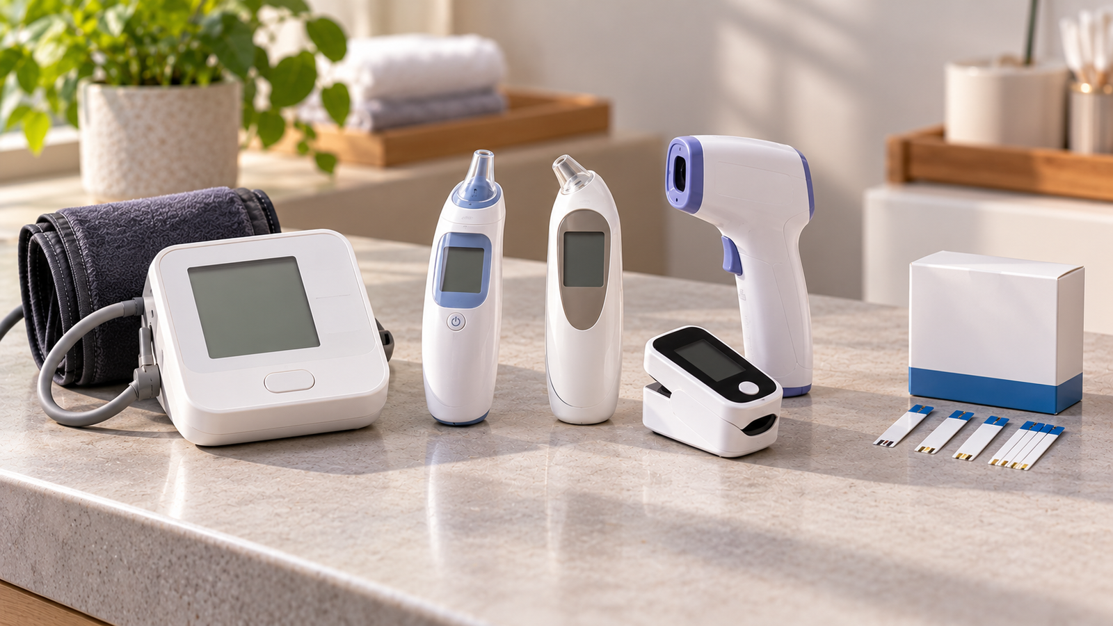Five unbranded wellness product representations for top 5 home measurement products bp, temperature and glucose strips