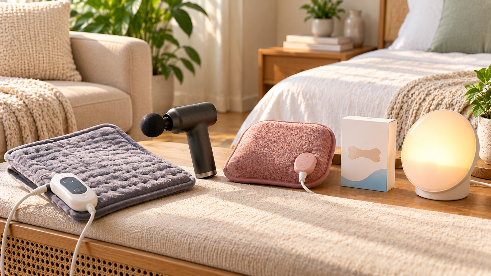 Five unbranded wellness product representations for top 5 warmth, massage and bedroom wind-down accessories