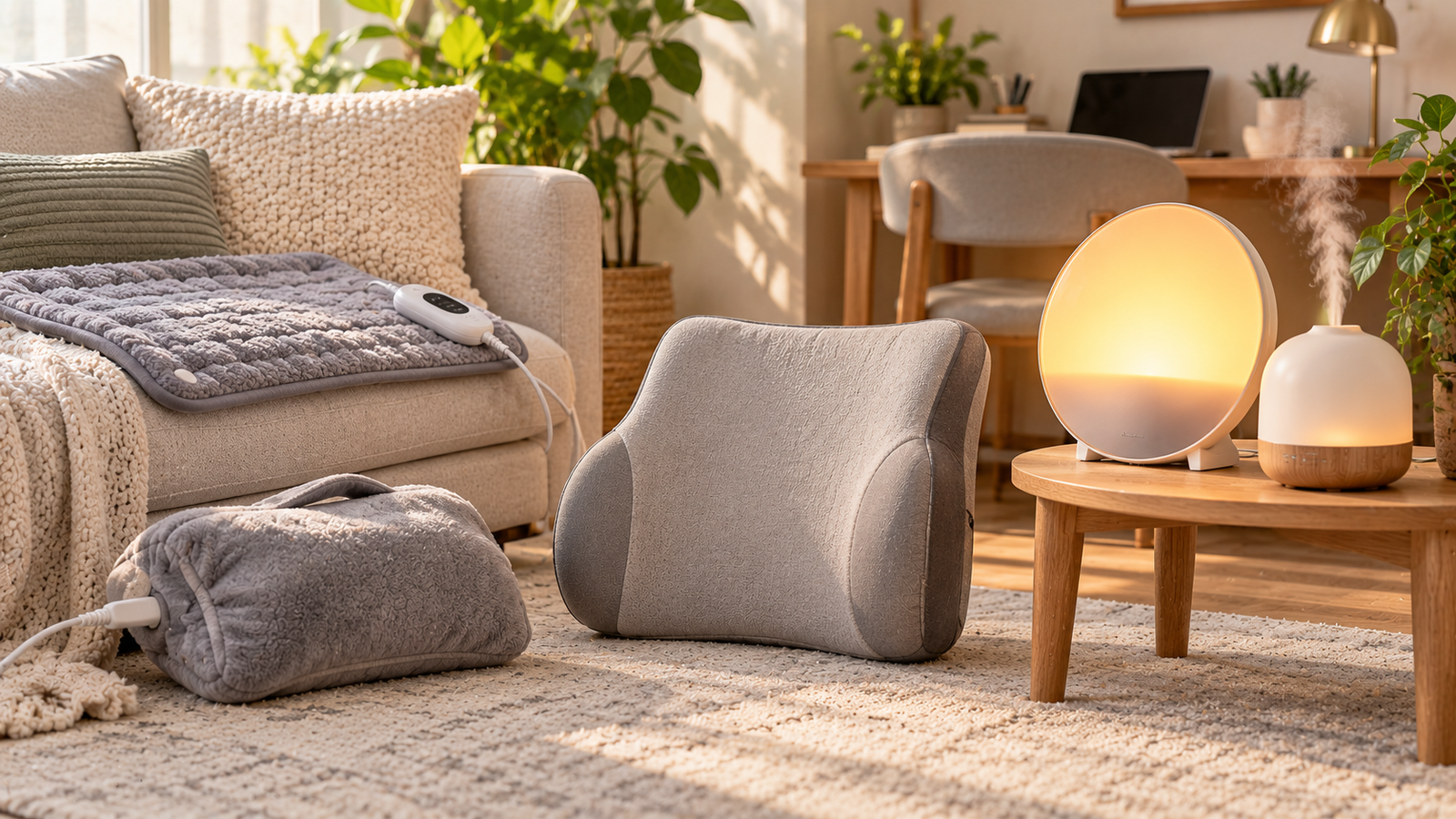 Five unbranded wellness product representations for top 5 desk, sofa and bedroom comfort products for everyday setups