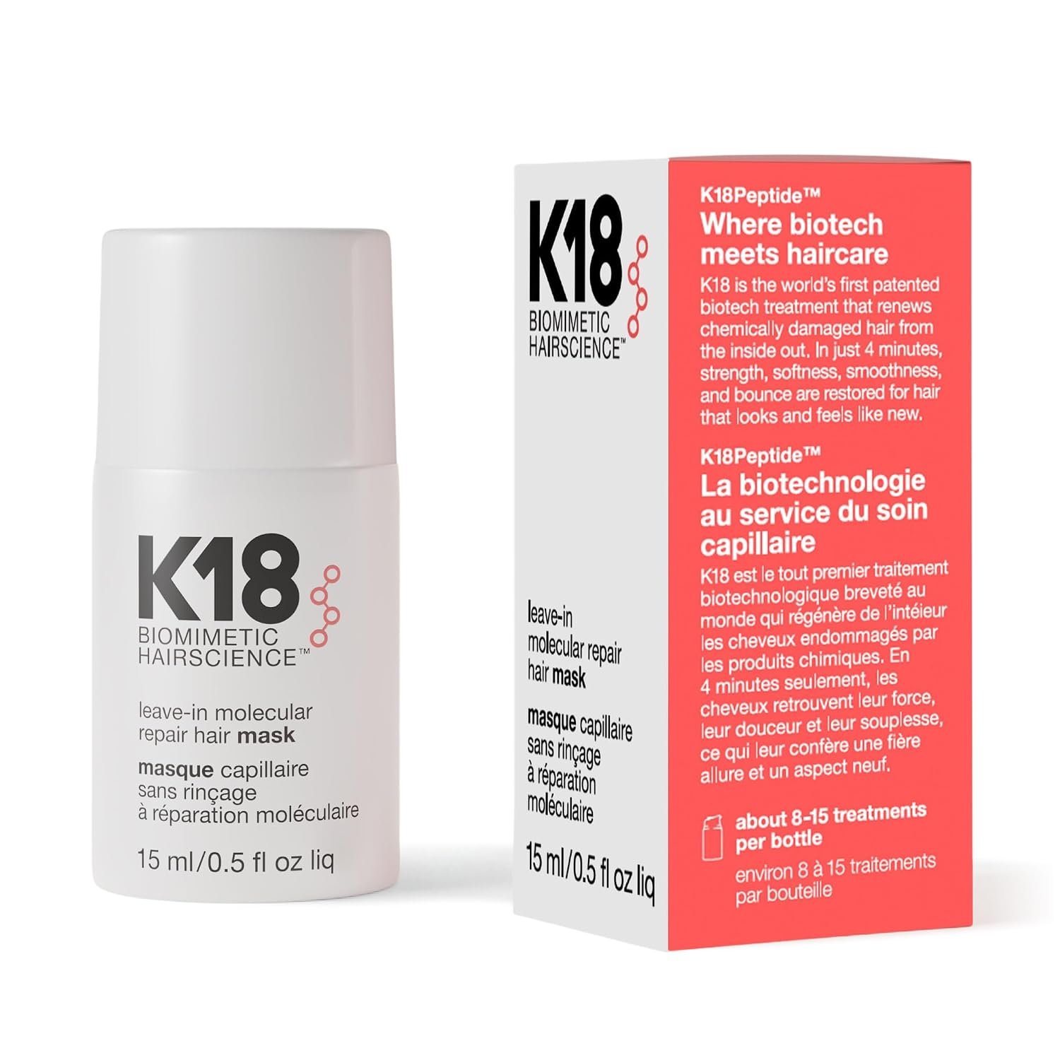 K18 Leave-In Molecular Repair Hair Mask 15ml product packaging or product view