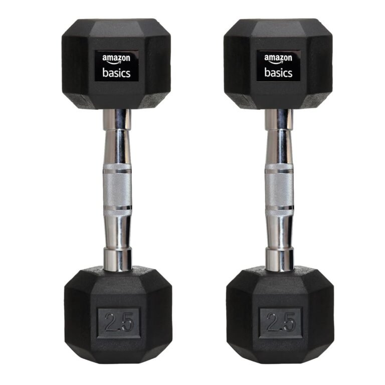 Amazon Basics Rubber Encased Hex Dumbbell Set Total 10kg product packaging or device