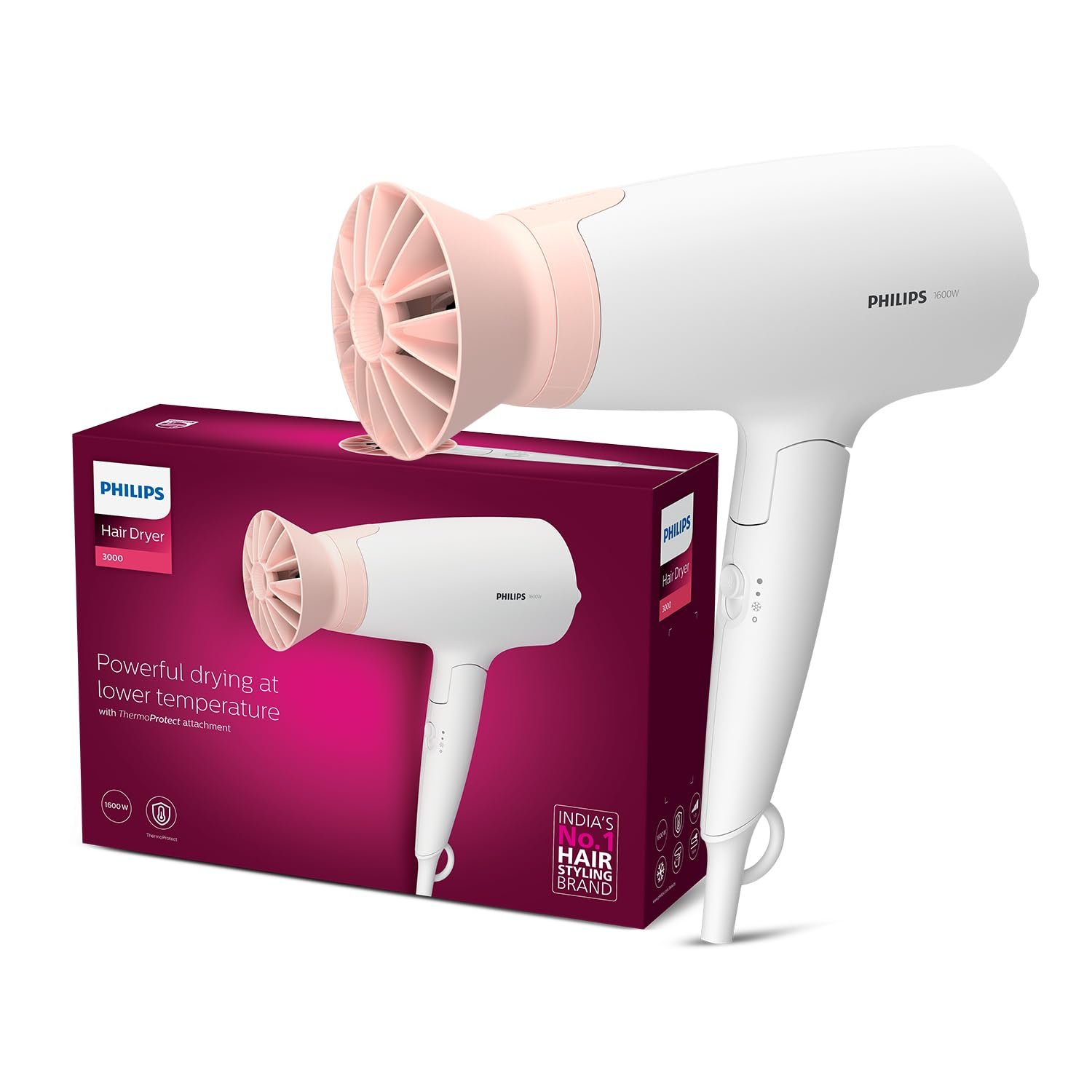 Philips BHD308/30 1600W ThermoProtect hair dryer with nozzle and foldable handle