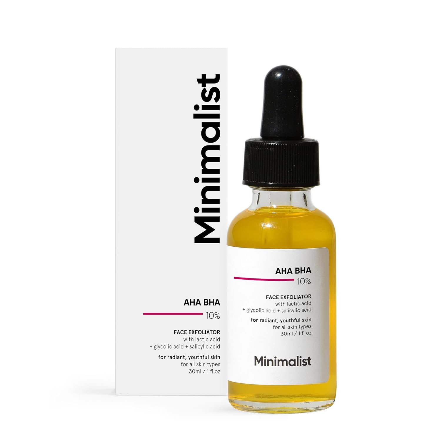 Minimalist 10% AHA BHA Exfoliating Serum 30ml product packaging or device photograph