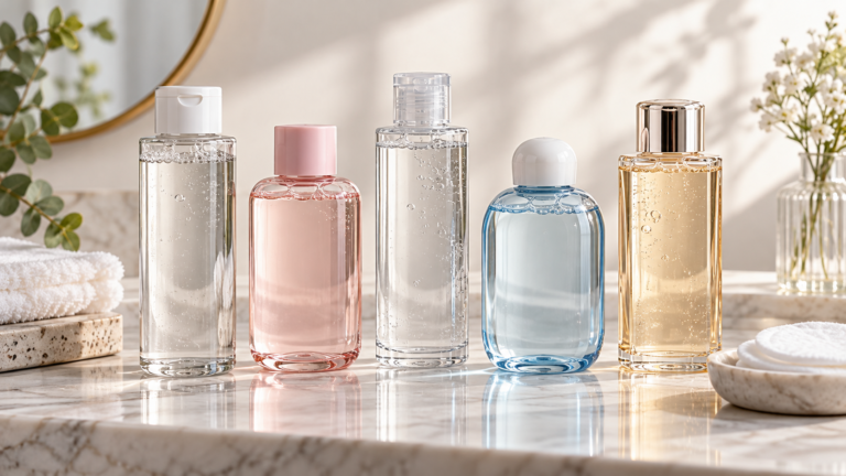 Five unbranded micellar waters displayed for a Physical Glow Top 5 buying guide