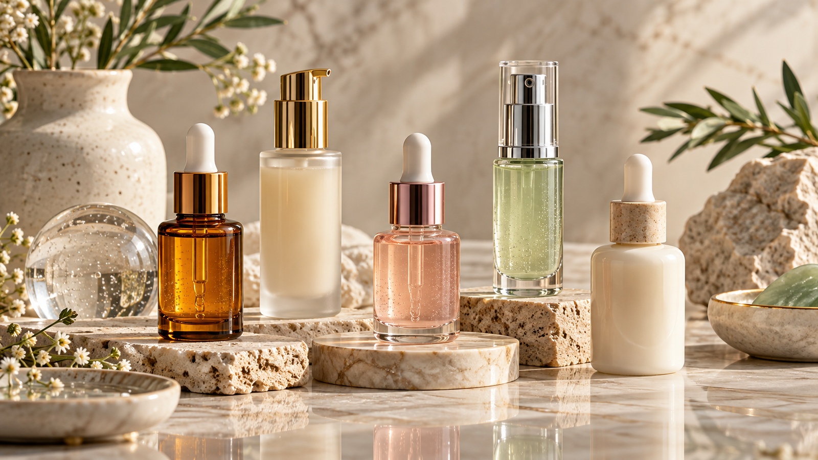 Five unbranded facial treatment serums displayed for a Physical Glow Top 5 buying guide