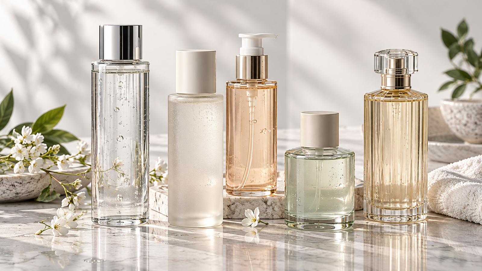 Five unbranded face toners displayed for a Physical Glow Top 5 buying guide