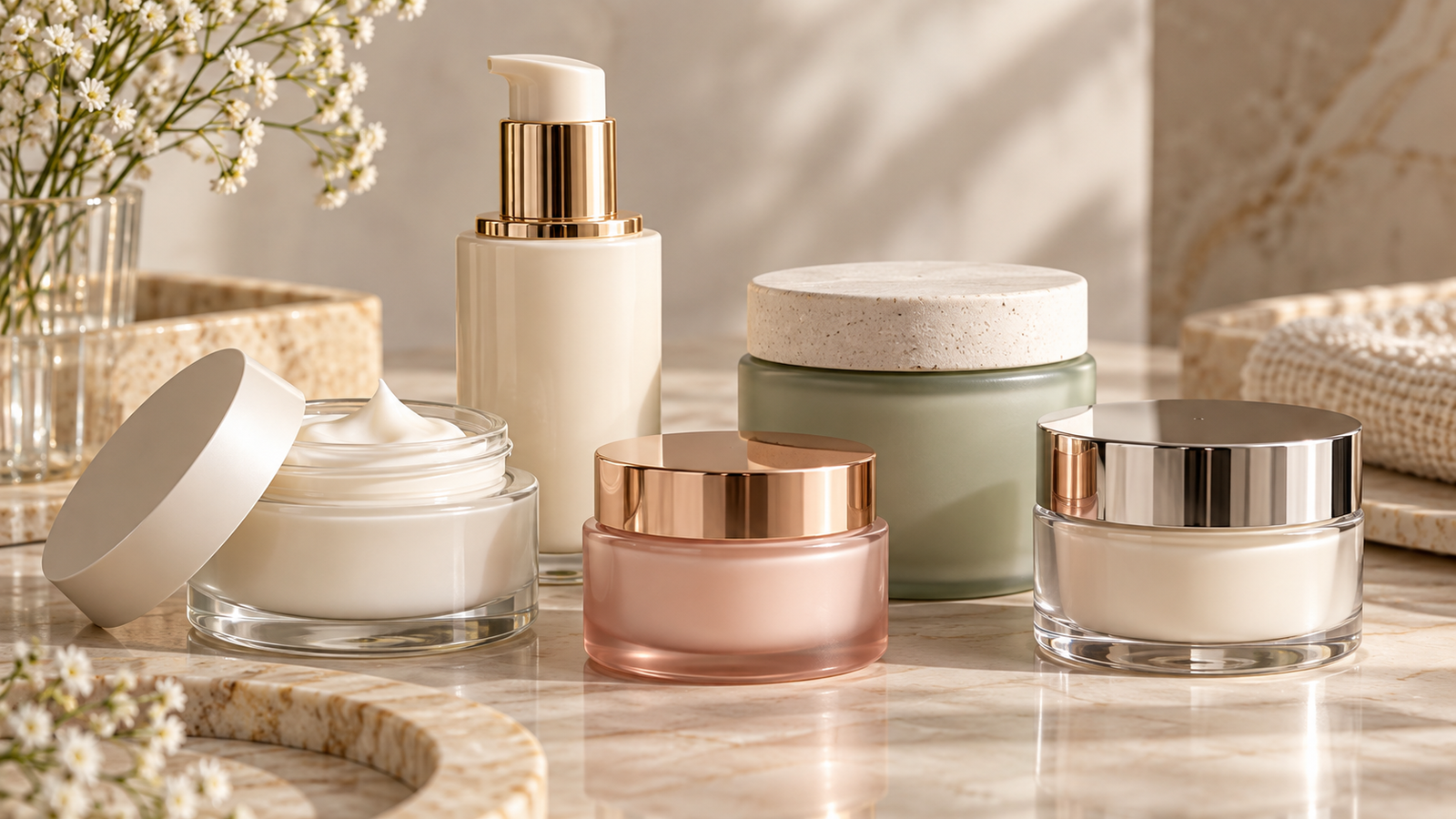 Five unbranded face moisturisers displayed for a Physical Glow Top 5 buying guide