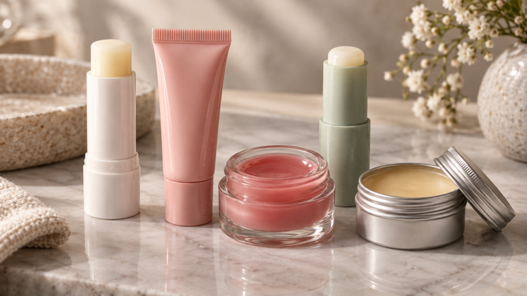 Five unbranded lip balms displayed for a Physical Glow Top 5 buying guide
