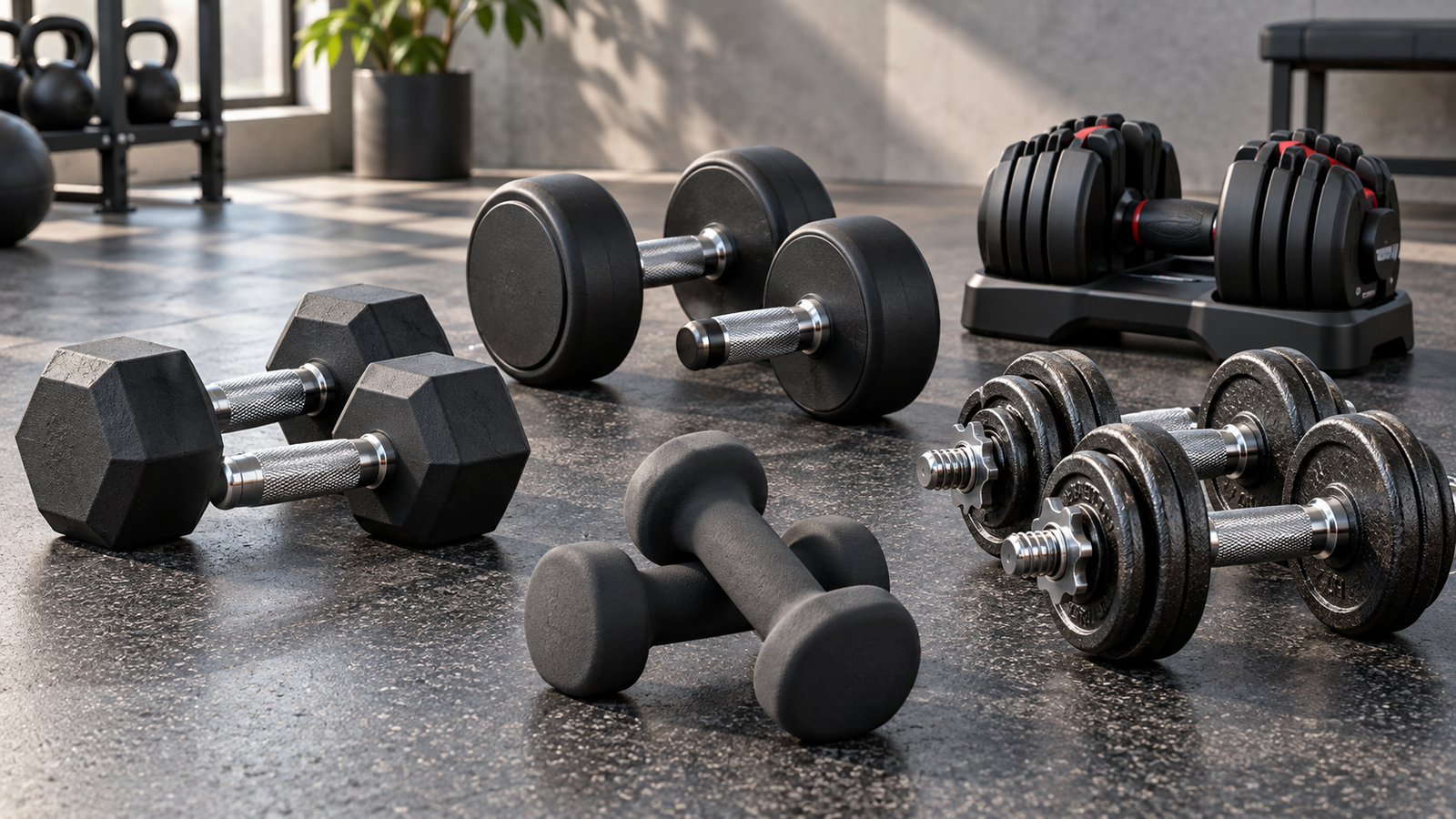 Five unbranded dumbbells displayed for a Physical Glow Top 5 buying guide