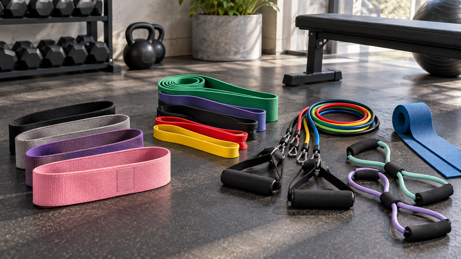 Five unbranded resistance bands displayed for a Physical Glow Top 5 buying guide
