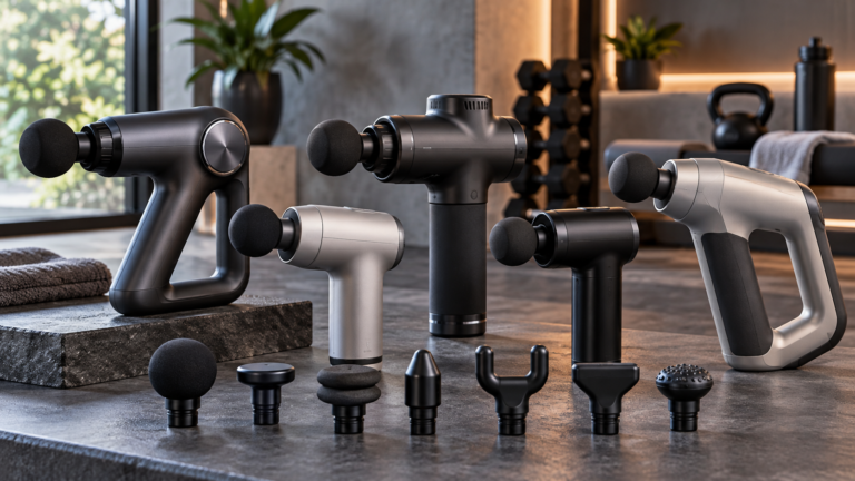 Five unbranded massage guns displayed for a Physical Glow Top 5 buying guide
