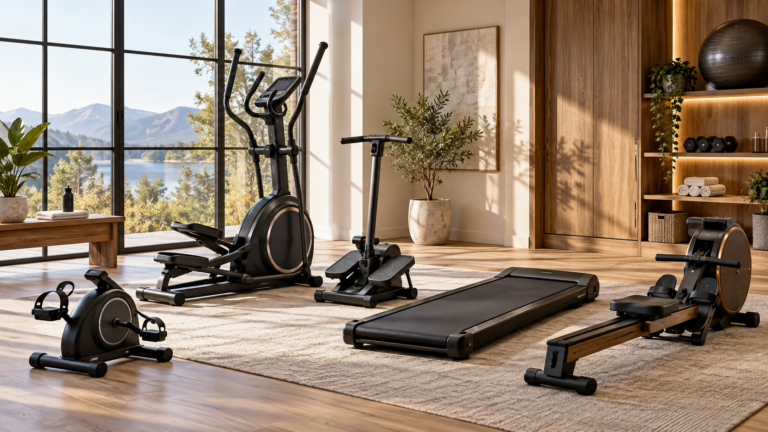 Five unbranded home cardio equipment displayed for a Physical Glow Top 5 buying guide
