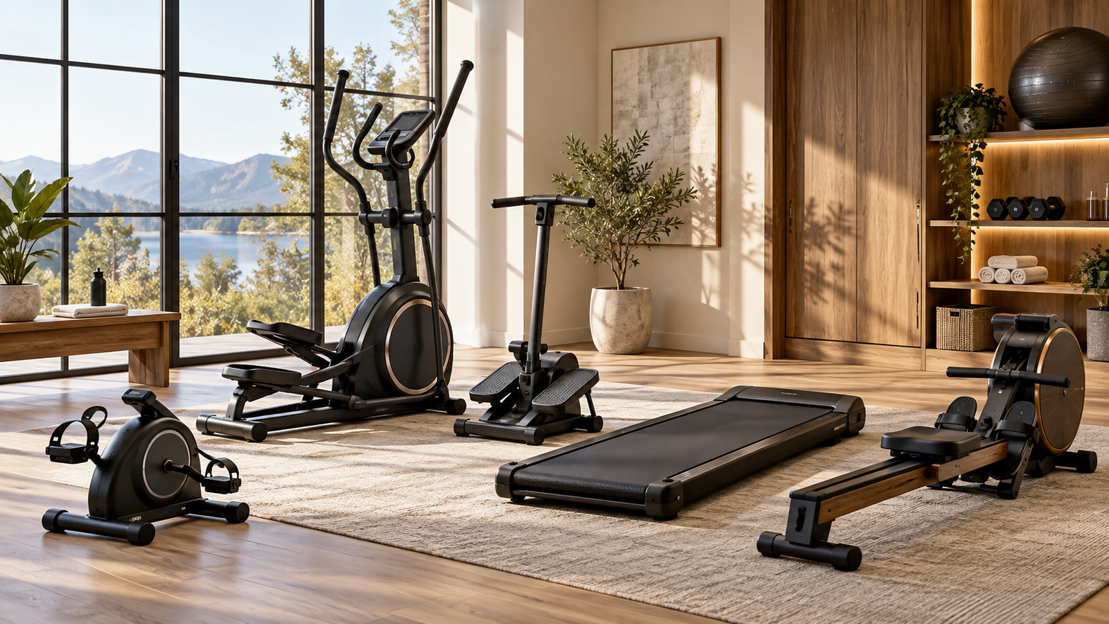 Five unbranded home cardio equipment displayed for a Physical Glow Top 5 buying guide
