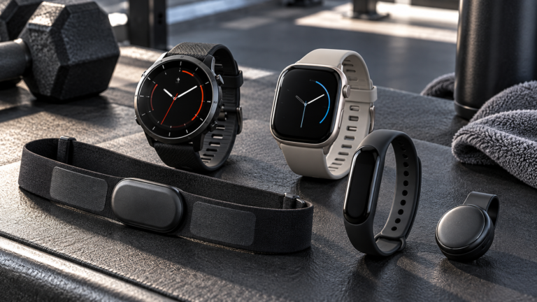 Five unbranded fitness wearables displayed for a Physical Glow Top 5 buying guide